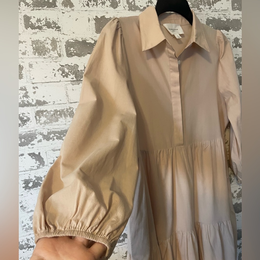 Pomander Place Neutral Tiered Midi Maxi Dress Minimalist Collared Puff sleeve S - Picture 4 of 7